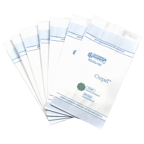 Материал упаковочный для стерилизации медицинских изделий: пакеты бумажные термосвариваемые «СтериТ®», 100х60х250мм, 100